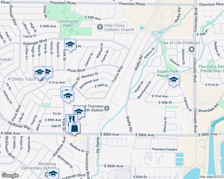 map of restaurants, bars, coffee shops, grocery stores, and more near 9050 Yucca Way in Thornton