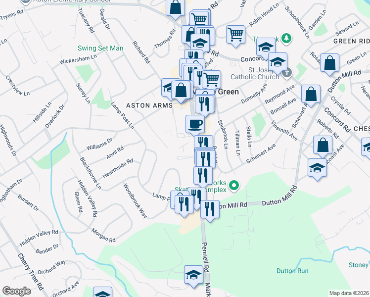 map of restaurants, bars, coffee shops, grocery stores, and more near Hall Drive in Aston