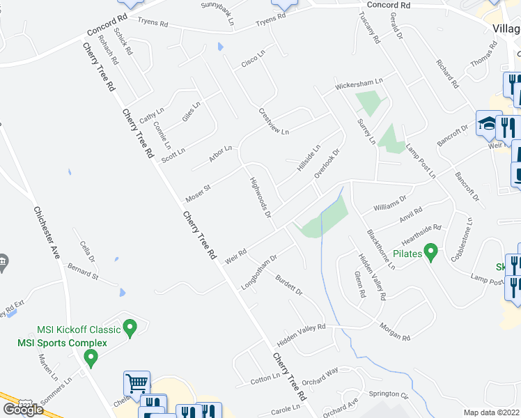 map of restaurants, bars, coffee shops, grocery stores, and more near 3050 Highwoods Dr in Aston