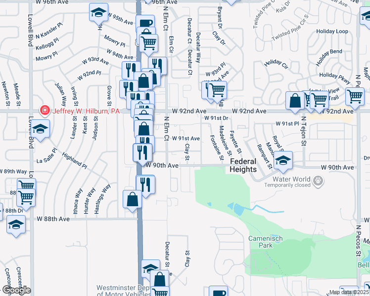 map of restaurants, bars, coffee shops, grocery stores, and more near 2705 West 90th Place in Federal Heights
