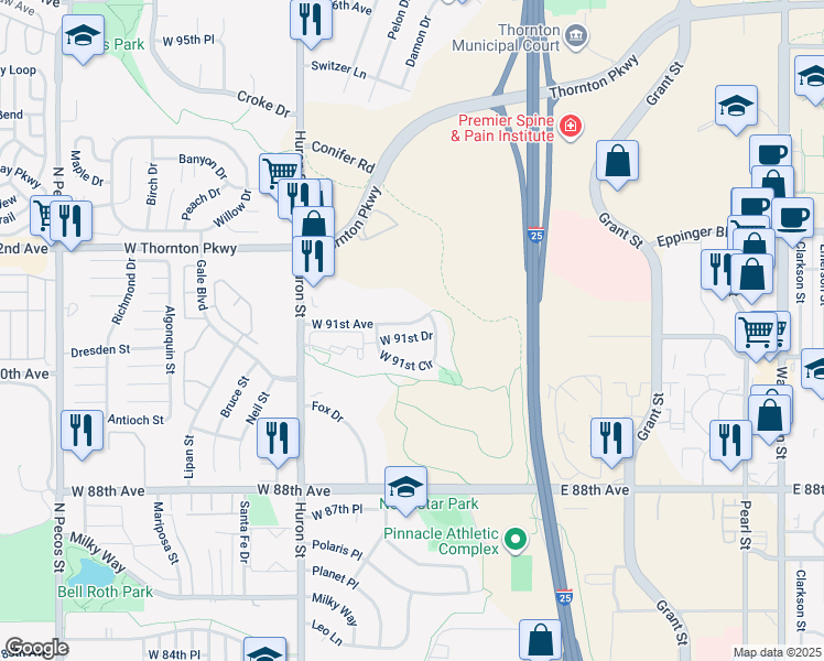 map of restaurants, bars, coffee shops, grocery stores, and more near 535 West 91st Drive in Thornton