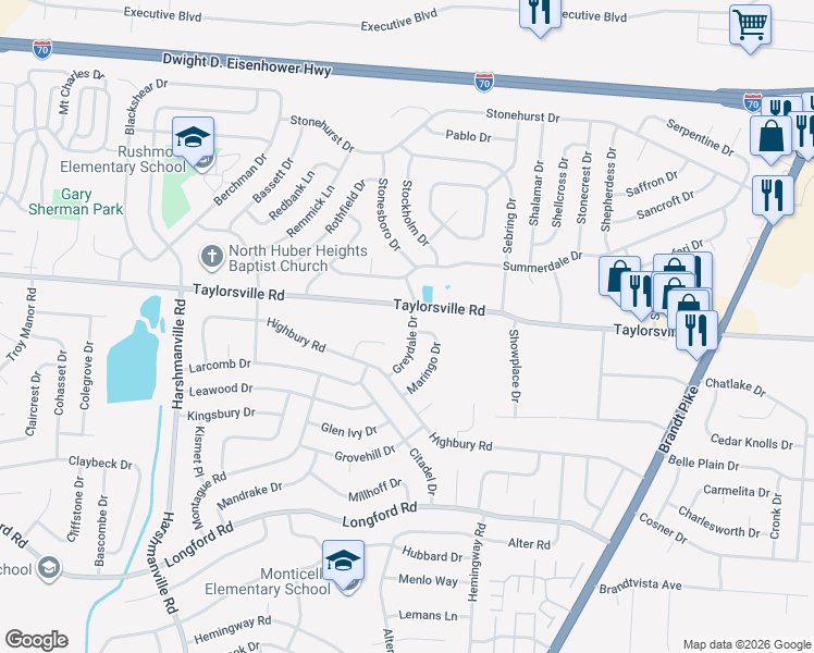 map of restaurants, bars, coffee shops, grocery stores, and more near 7401 Greydale Drive in Dayton