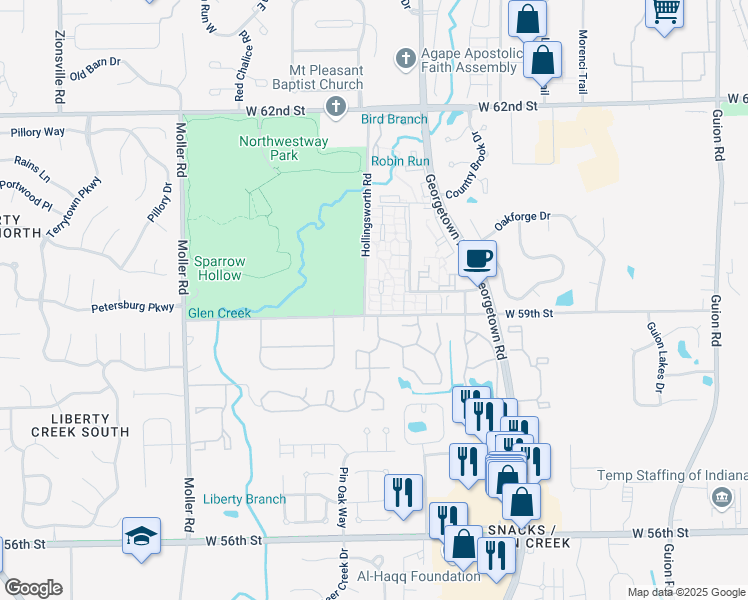 map of restaurants, bars, coffee shops, grocery stores, and more near 5922 Deerwood Court in Indianapolis