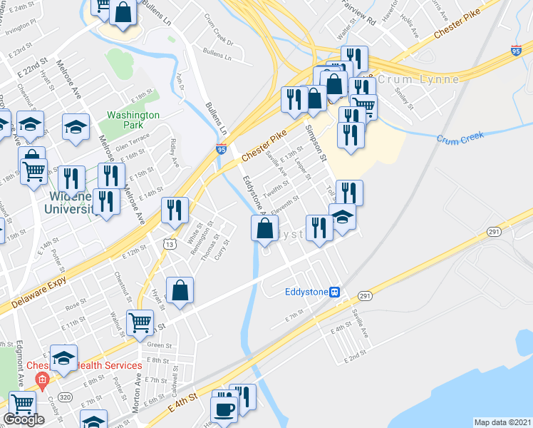 map of restaurants, bars, coffee shops, grocery stores, and more near 1100 Eleventh Street in Eddystone