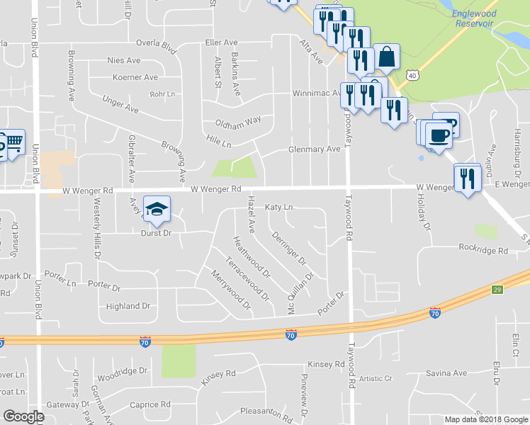map of restaurants, bars, coffee shops, grocery stores, and more near 1001 Derringer Drive in Englewood