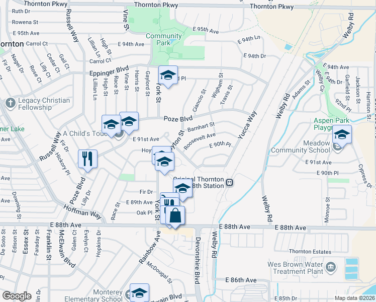 map of restaurants, bars, coffee shops, grocery stores, and more near 2460 Roosevelt Avenue in Thornton