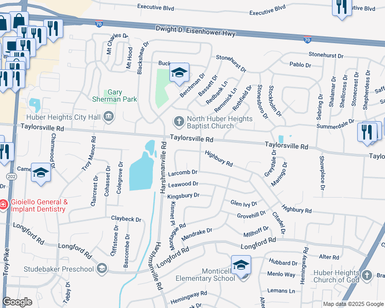 map of restaurants, bars, coffee shops, grocery stores, and more near 7385 Damascus Drive in Huber Heights