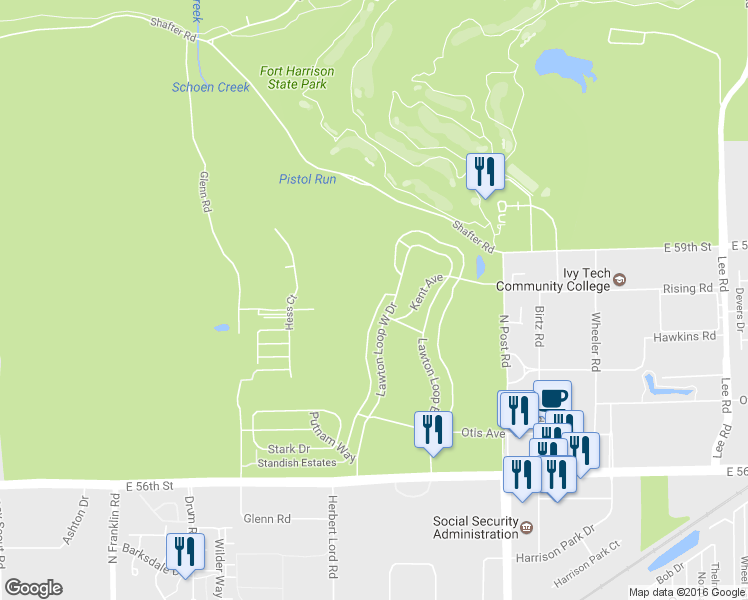 map of restaurants, bars, coffee shops, grocery stores, and more near 5804 Lawton Loop W Dr in Indianapolis