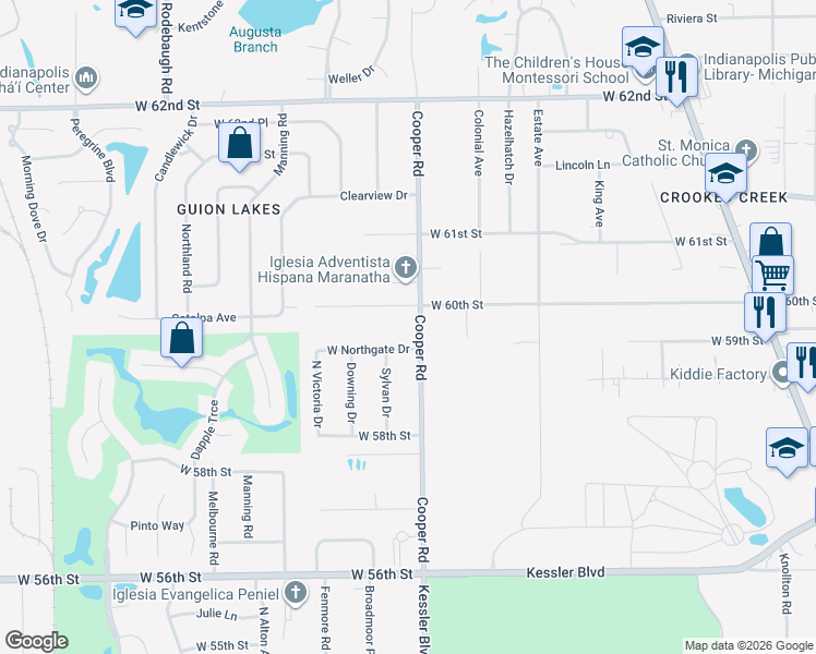 map of restaurants, bars, coffee shops, grocery stores, and more near 5952 Cooper Road in Indianapolis