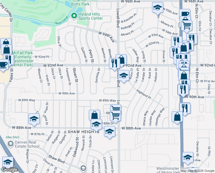 map of restaurants, bars, coffee shops, grocery stores, and more near 3643 West 90th Place in Westminster