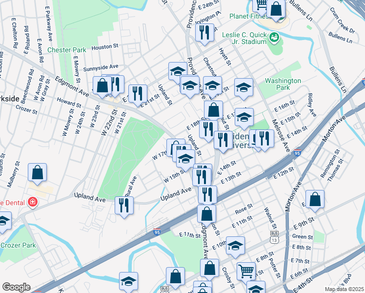 map of restaurants, bars, coffee shops, grocery stores, and more near 1621 Edgmont Avenue in Chester