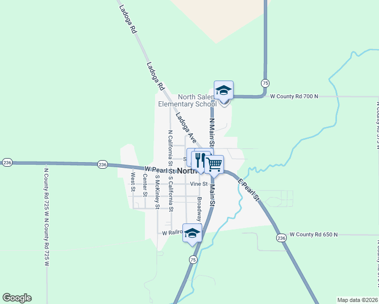 map of restaurants, bars, coffee shops, grocery stores, and more near 105 N Nebraska St in North Salem