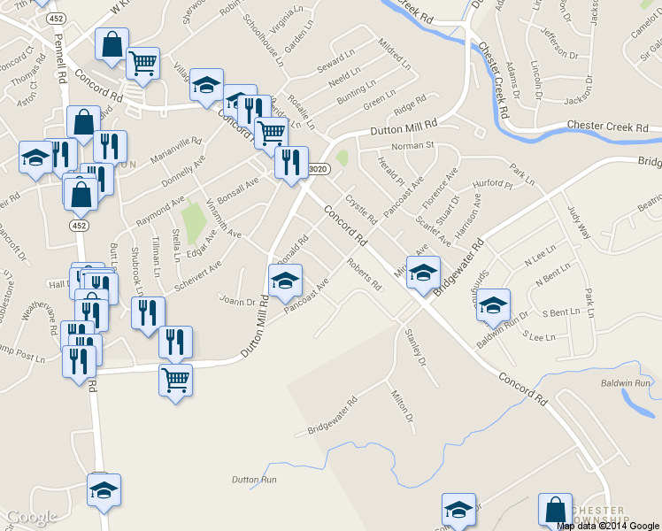 map of restaurants, bars, coffee shops, grocery stores, and more near 102 Pancoast Avenue in Aston