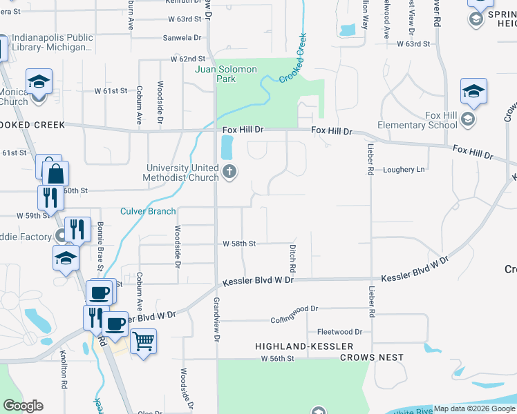 map of restaurants, bars, coffee shops, grocery stores, and more near 1045 West 59th Street in Indianapolis