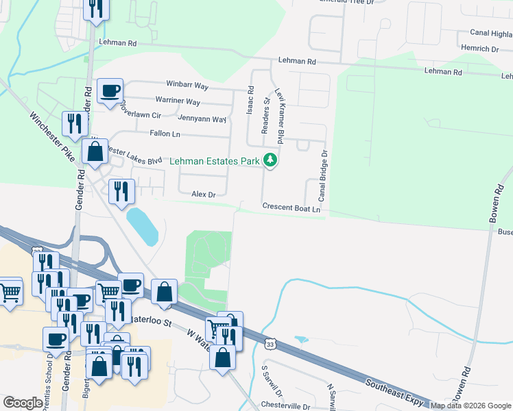 map of restaurants, bars, coffee shops, grocery stores, and more near 5839 Abraham Drive in Canal Winchester