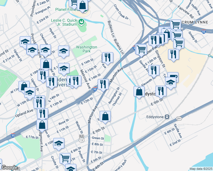 map of restaurants, bars, coffee shops, grocery stores, and more near 1128 Morton Avenue in Chester