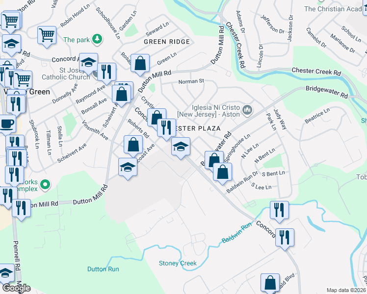 map of restaurants, bars, coffee shops, grocery stores, and more near 2930 Concord Road in Aston