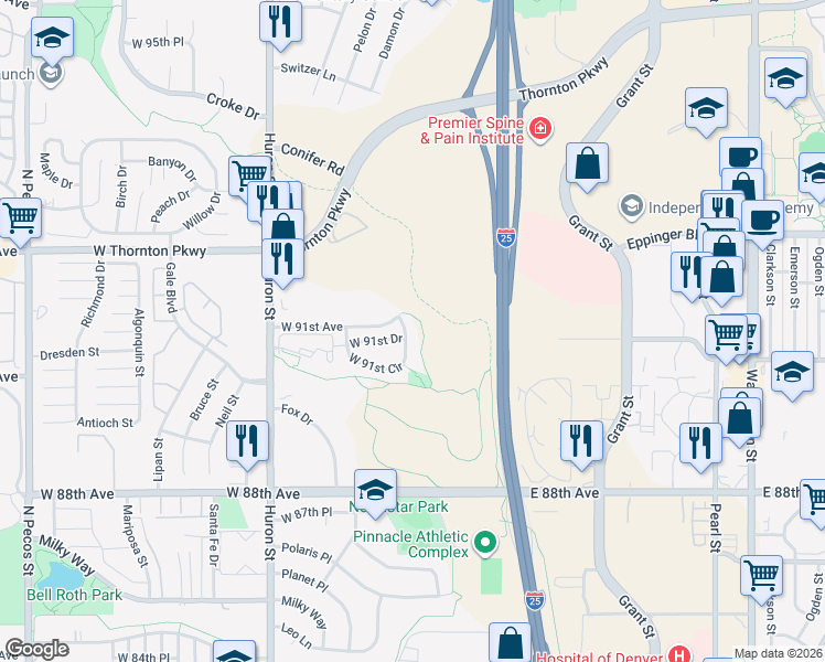 map of restaurants, bars, coffee shops, grocery stores, and more near 444 West 91st Circle in Thornton