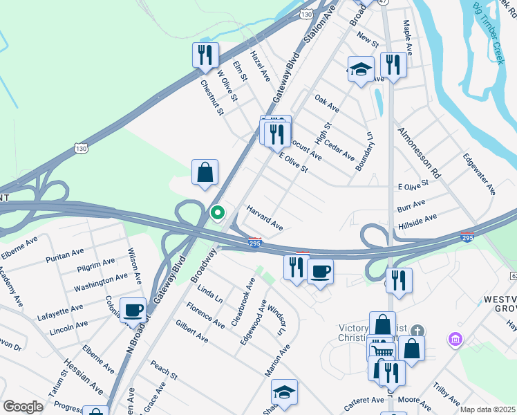 map of restaurants, bars, coffee shops, grocery stores, and more near 25 Harvard Ave in Westville