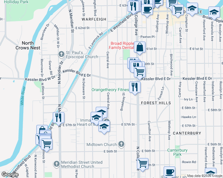 map of restaurants, bars, coffee shops, grocery stores, and more near 5853 Central Avenue in Indianapolis