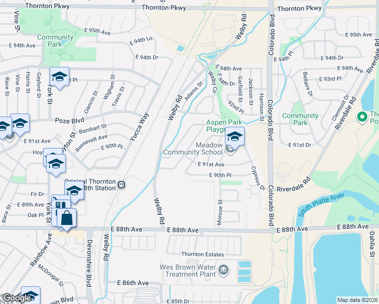 map of restaurants, bars, coffee shops, grocery stores, and more near 9102 Beachwood Drive in Thornton
