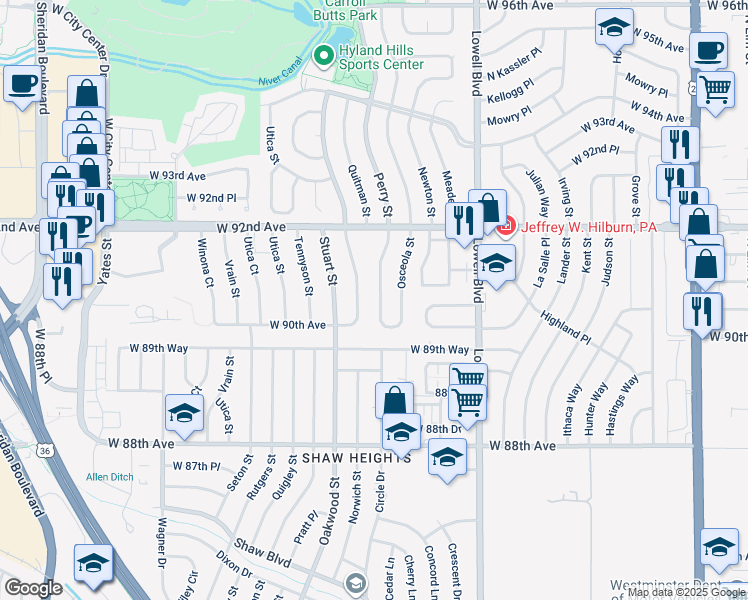 map of restaurants, bars, coffee shops, grocery stores, and more near 9053 Perry Street in Westminster
