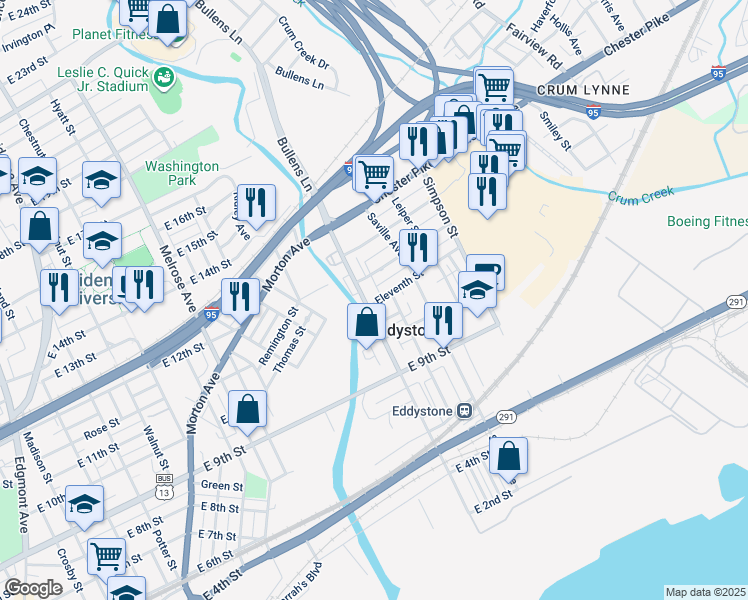 map of restaurants, bars, coffee shops, grocery stores, and more near 1110 Eleventh Street in Eddystone