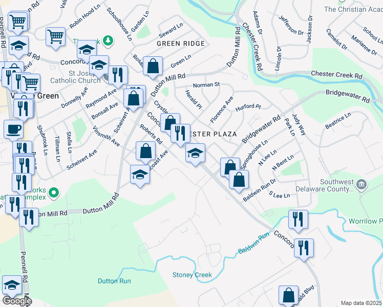 map of restaurants, bars, coffee shops, grocery stores, and more near 2930 Concord Road in Aston