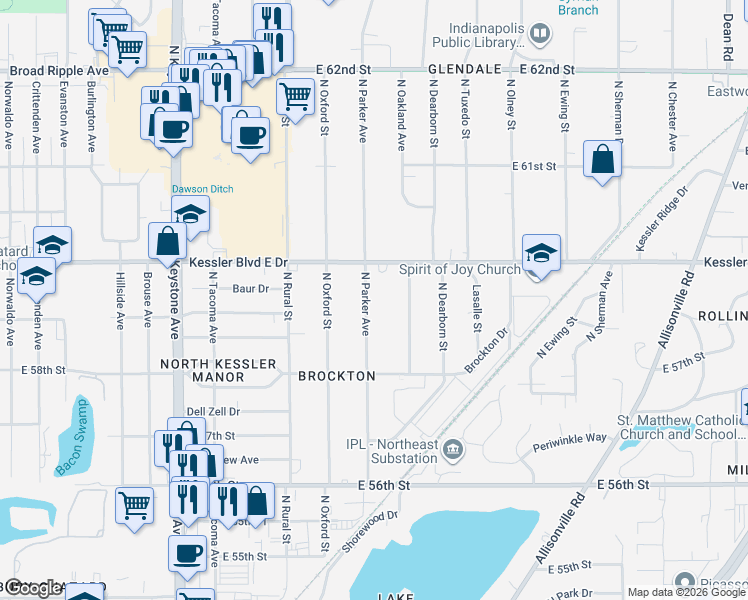 map of restaurants, bars, coffee shops, grocery stores, and more near 5845 North Parker Avenue in Indianapolis