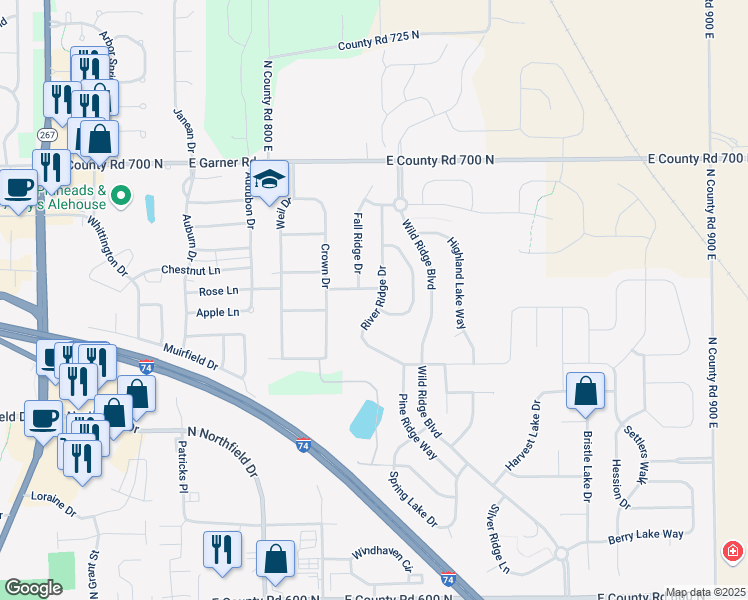 map of restaurants, bars, coffee shops, grocery stores, and more near 1180 Barbara Drive in Brownsburg