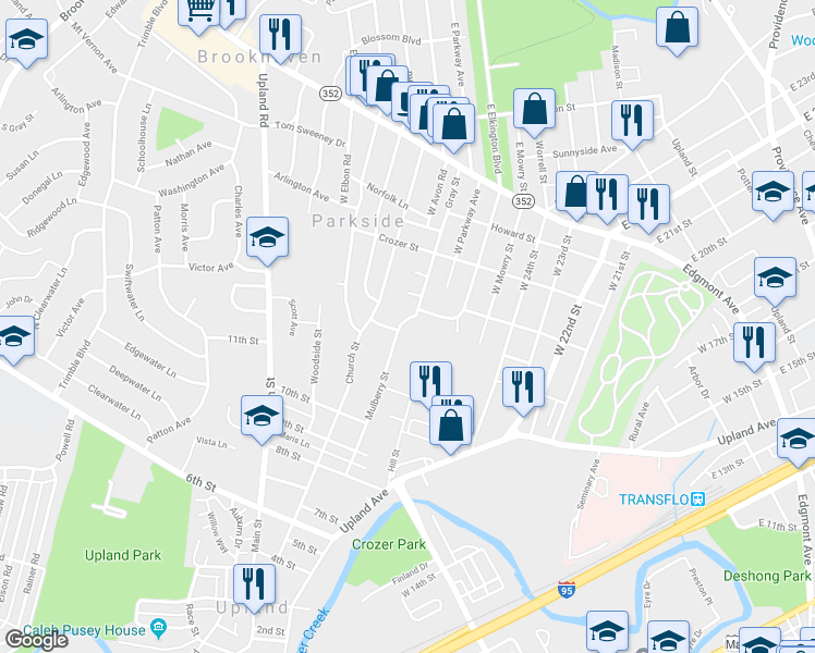 map of restaurants, bars, coffee shops, grocery stores, and more near 1203 Mulberry Street in Brookhaven