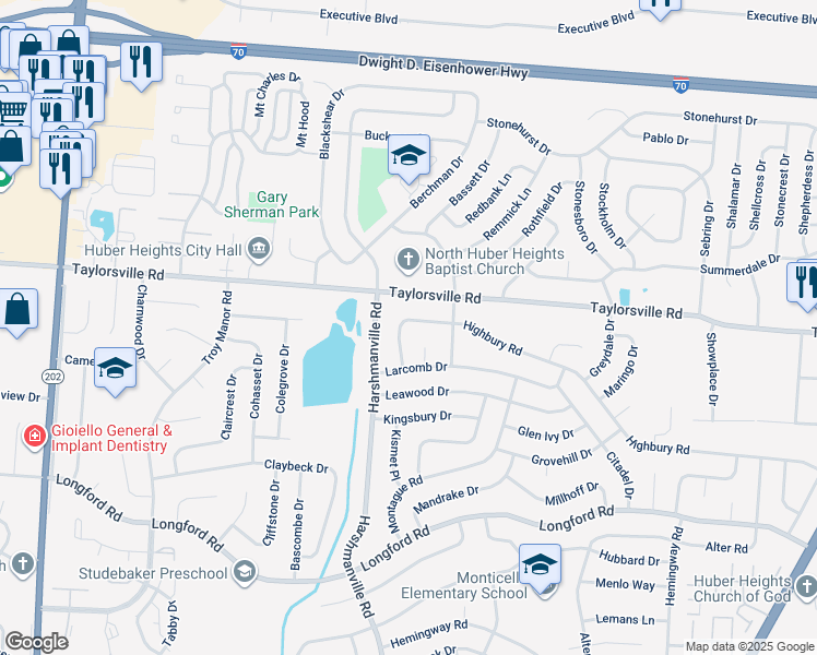 map of restaurants, bars, coffee shops, grocery stores, and more near 6440 Highbury Rd in Dayton