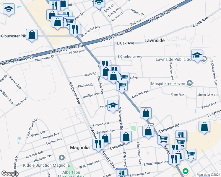 map of restaurants, bars, coffee shops, grocery stores, and more near 107 Phillips Avenue in Magnolia