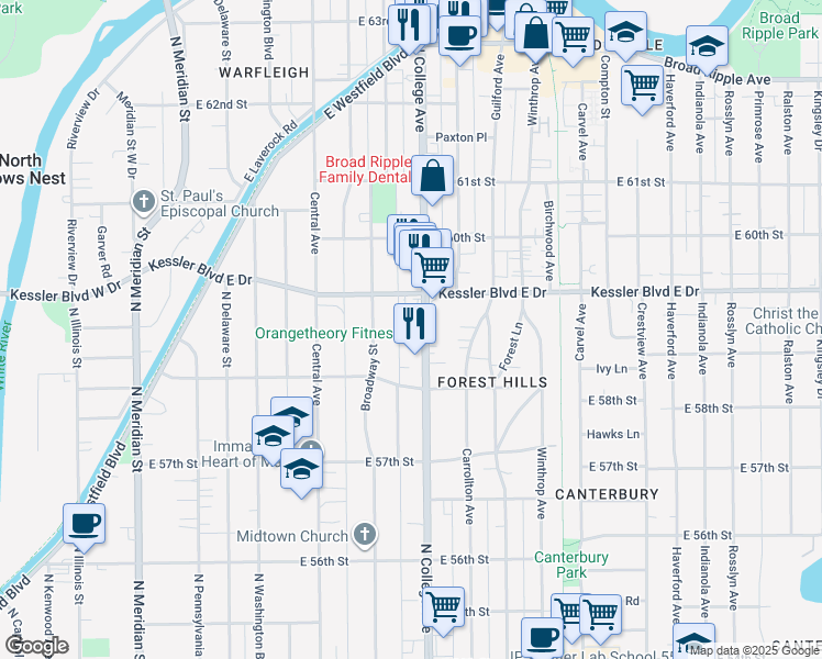 map of restaurants, bars, coffee shops, grocery stores, and more near 5859 North College Avenue in Indianapolis