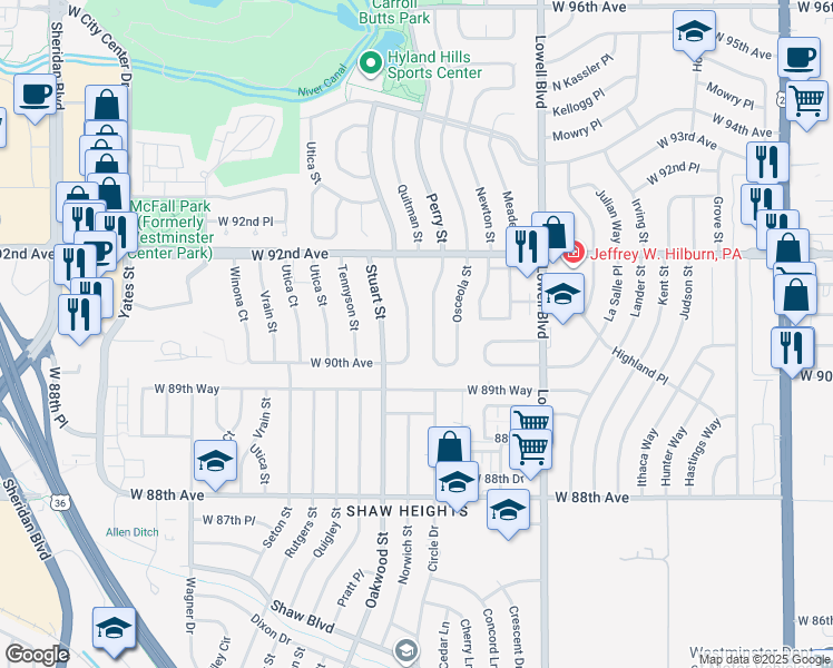 map of restaurants, bars, coffee shops, grocery stores, and more near 9053 Perry Street in Westminster