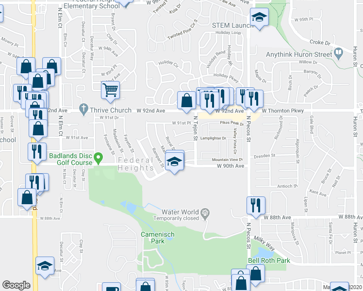map of restaurants, bars, coffee shops, grocery stores, and more near 2024 Tulane Street in Federal Heights