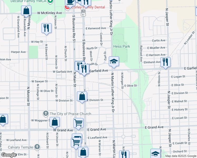 map of restaurants, bars, coffee shops, grocery stores, and more near 401 East Johnson Avenue in Decatur