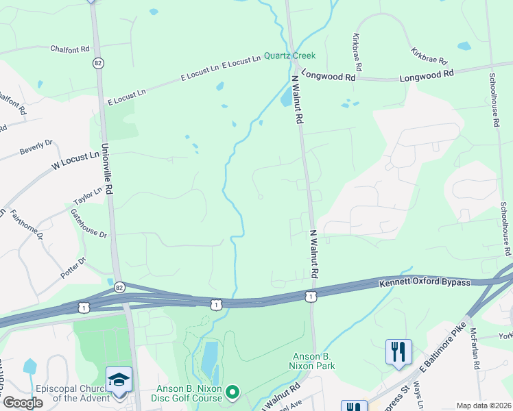 map of restaurants, bars, coffee shops, grocery stores, and more near 126 Hadleys Mill Run in Kennett Square