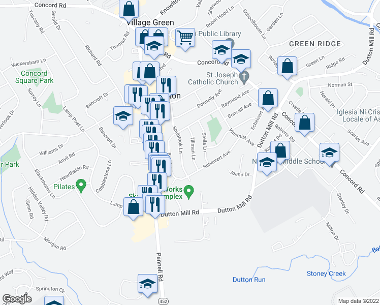 map of restaurants, bars, coffee shops, grocery stores, and more near 111 Tillman Lane in Aston