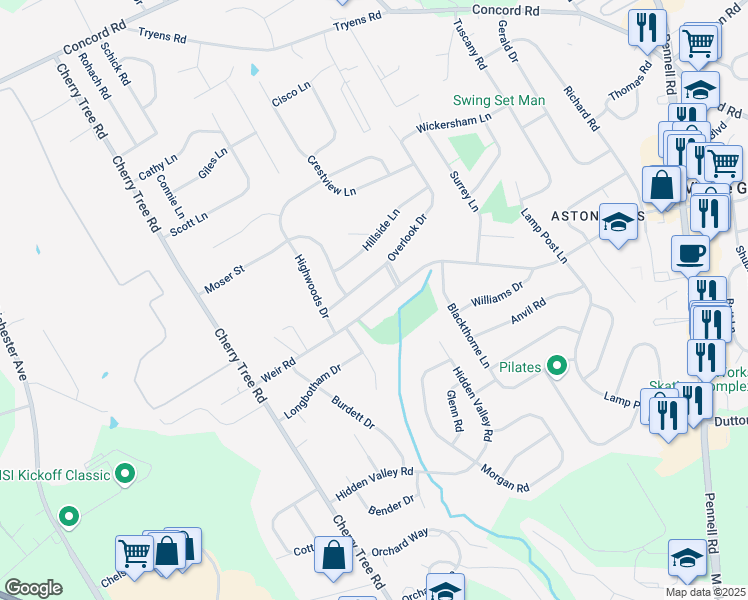 map of restaurants, bars, coffee shops, grocery stores, and more near 2238 Weir Road in Village Green