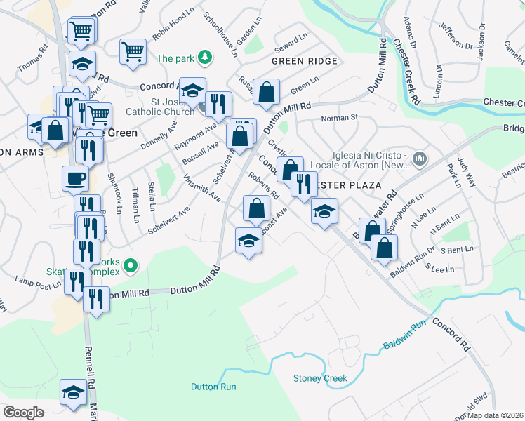 map of restaurants, bars, coffee shops, grocery stores, and more near 102 Pancoast Avenue in Aston