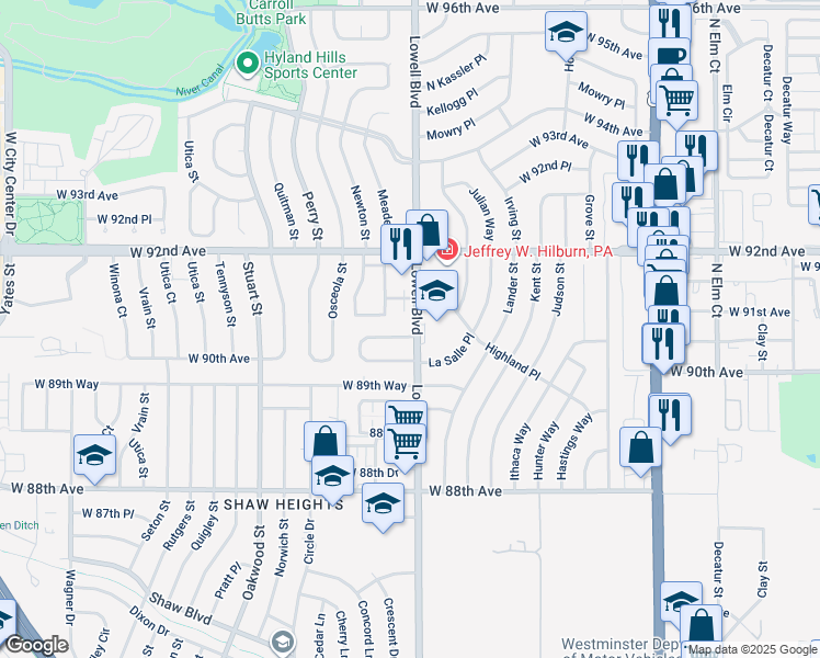 map of restaurants, bars, coffee shops, grocery stores, and more near 3603 West 90th Place in Westminster