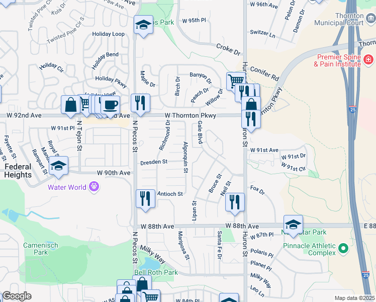 map of restaurants, bars, coffee shops, grocery stores, and more near 270 Dresden Street in Thornton