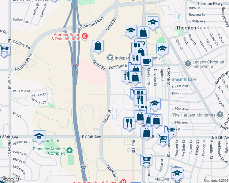 map of restaurants, bars, coffee shops, grocery stores, and more near 427 Russell Boulevard in Thornton