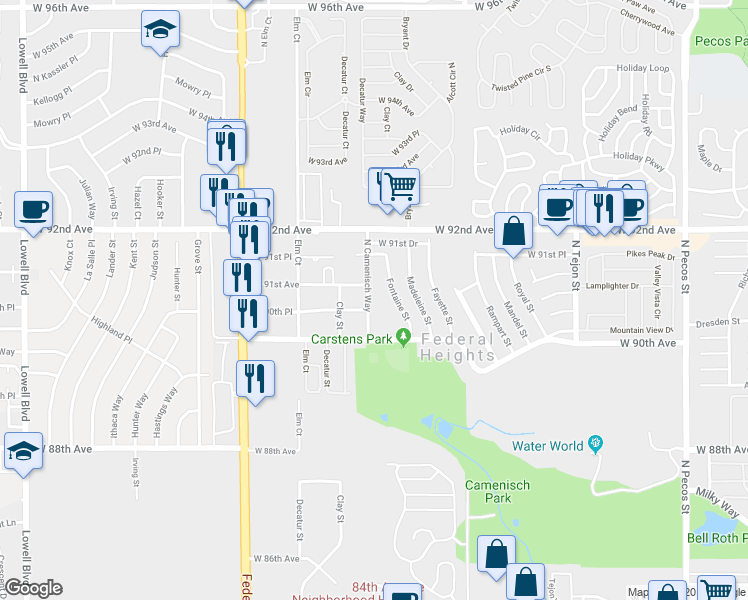 map of restaurants, bars, coffee shops, grocery stores, and more near 9080 North Camenisch Way in Denver