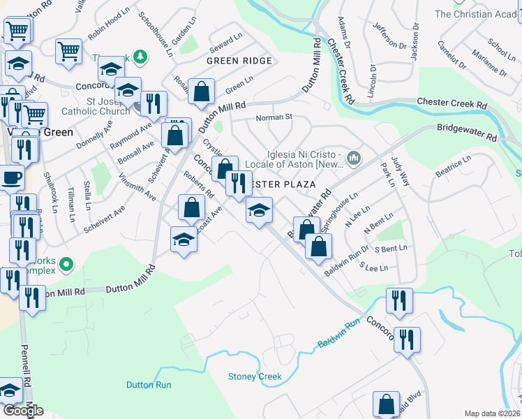 map of restaurants, bars, coffee shops, grocery stores, and more near 2930 Concord Road in Aston