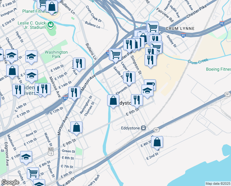 map of restaurants, bars, coffee shops, grocery stores, and more near 1110 Eleventh Street in Eddystone