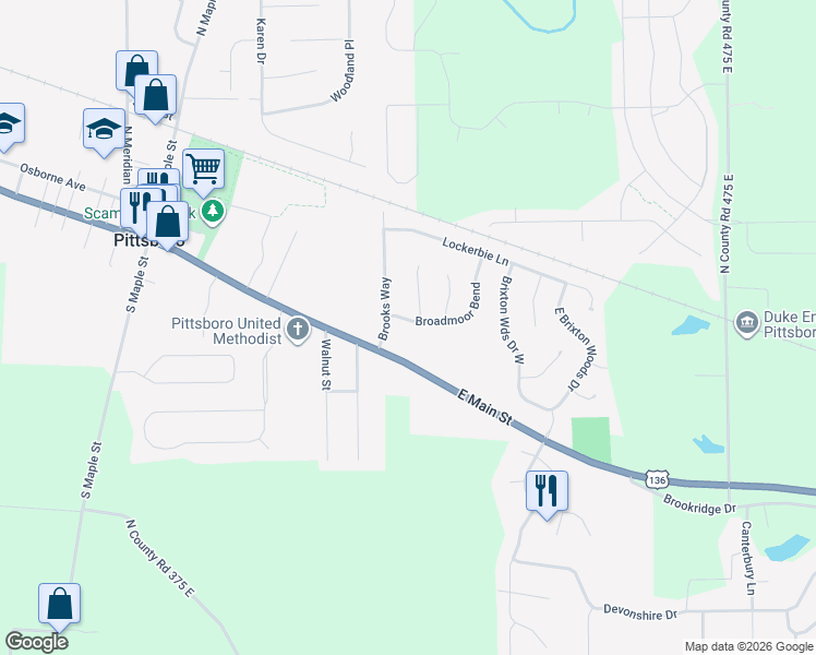 map of restaurants, bars, coffee shops, grocery stores, and more near 127 Broadmoor Bend in Pittsboro