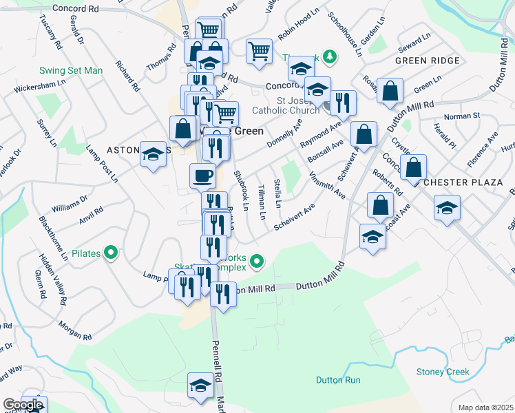 map of restaurants, bars, coffee shops, grocery stores, and more near 111 Tillman Lane in Aston