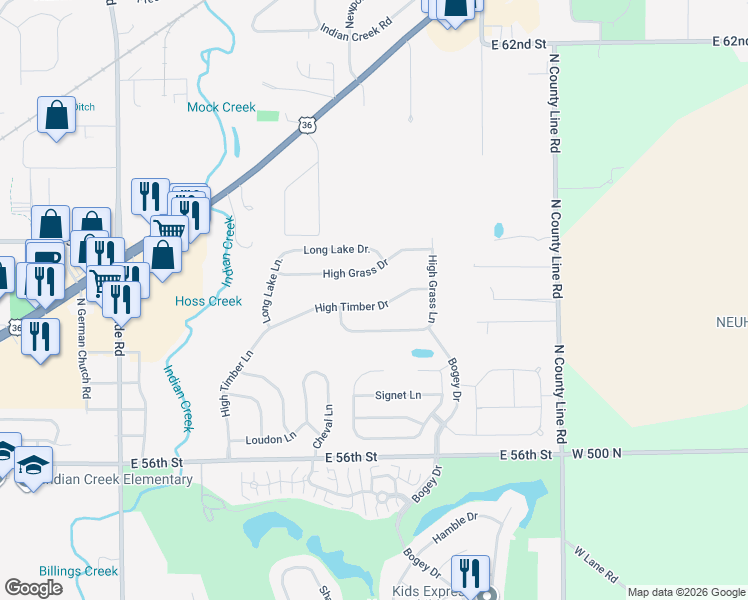 map of restaurants, bars, coffee shops, grocery stores, and more near 11548 High Timber Drive in Indianapolis